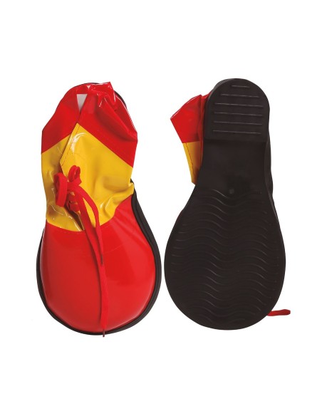 Scarpe da clown oversize rosse e gialle con lacci per costumi di Carnevale e feste a tema circo