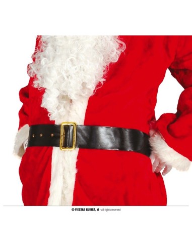 Cintura nera Babbo Natale con fibbia dorata su costume rosso natalizio per travestimento