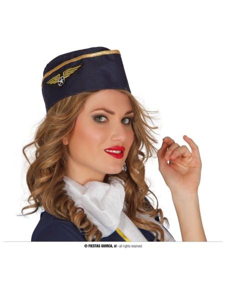 Cappello hostess blu navy con fascia dorata e distintivo ali per costume aviazione