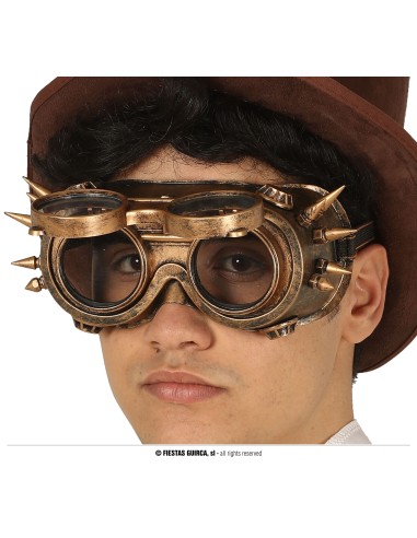 Occhiali steampunk dorati con borchie e lenti scure per costume vittoriano futuristico