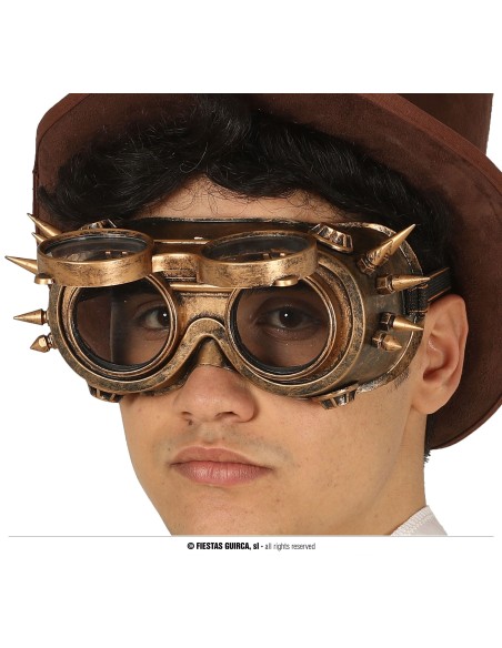 Occhiali steampunk dorati con borchie e lenti scure per costume vittoriano futuristico