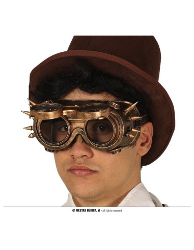 Occhiali steampunk dorati con borchie e lenti scure per costume vittoriano futuristico