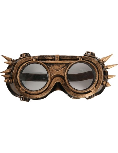 Occhiali steampunk dorati con borchie e lenti scure per costume vittoriano futuristico