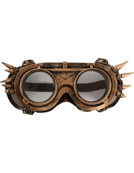 Occhiali steampunk dorati con borchie e lenti scure per costume vittoriano futuristico