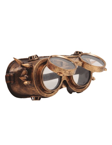 Occhiali steampunk dorati con borchie e lenti scure per costume vittoriano futuristico