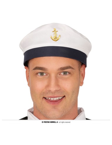 Cappello da marinaio bianco con fascia blu e ancora dorata per costumi nautici e feste a tema