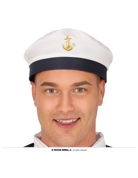 Cappello da marinaio bianco con fascia blu e ancora dorata per costumi nautici e feste a tema