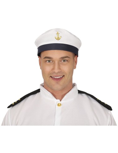 Cappello da marinaio bianco con fascia blu e ancora dorata per costumi nautici e feste a tema