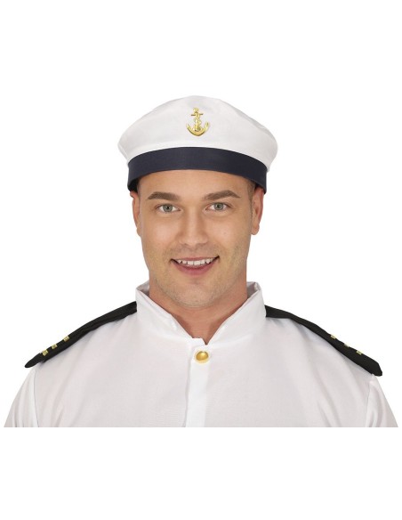 Cappello da marinaio bianco con fascia blu e ancora dorata per costumi nautici e feste a tema