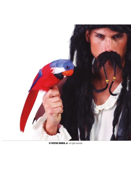 Pappagallo tropicale con piume rosse blu bianche 40cm accessorio costume pirata corsaro