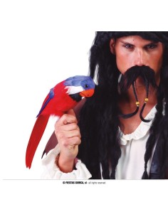 Pappagallo tropicale con piume rosse blu bianche 40cm accessorio costume pirata corsaro 2