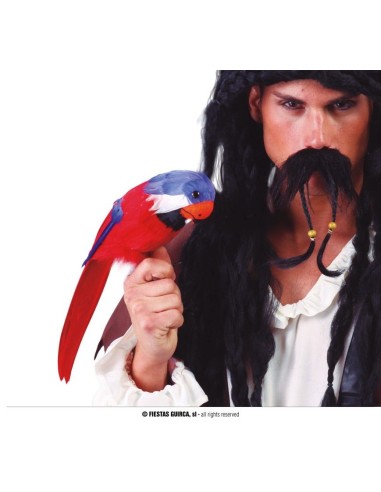 Pappagallo tropicale con piume rosse blu bianche 40cm accessorio costume pirata corsaro
