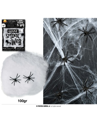 Ragnatela bianca decorativa 100gr con ragni neri per decorazioni Halloween e feste a tema horror
