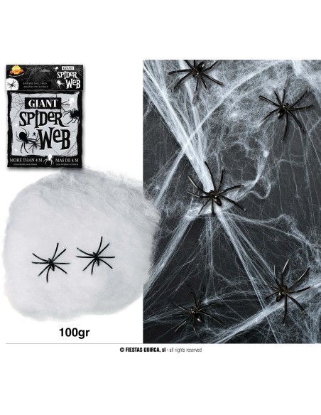 Ragnatela bianca decorativa 100gr con ragni neri per decorazioni Halloween e feste a tema horror