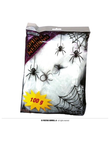Ragnatela bianca decorativa 100gr con ragni neri per decorazioni Halloween e feste a tema horror