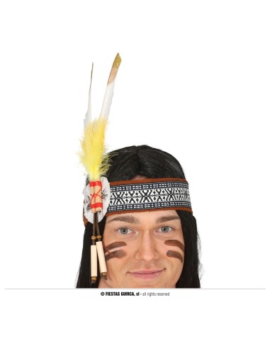 Fascia indiana con piume bianche e gialle, perline colorate e fascia decorata con motivi geometrici tradizionali