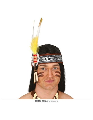 Fascia indiana con piume bianche e gialle, perline colorate e fascia decorata con motivi geometrici tradizionali