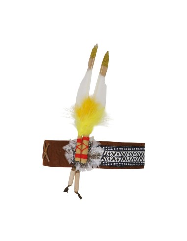 Fascia indiana con piume bianche e gialle, perline colorate e fascia decorata con motivi geometrici tradizionali