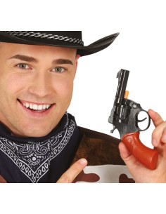 Pistola giocattolo nera con impugnatura rossa lunga 18 cm per costumi western cowboy