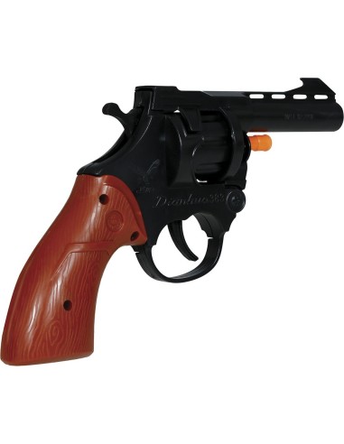 Pistola giocattolo nera con impugnatura rossa lunga 18 cm per costumi western cowboy