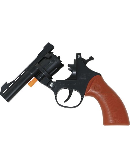 Pistola giocattolo nera con impugnatura rossa lunga 18 cm per costumi western cowboy