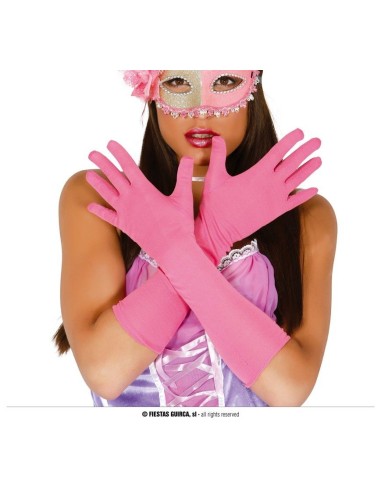 Donna con guanti rosa lunghi in cotone e maschera per festa in maschera