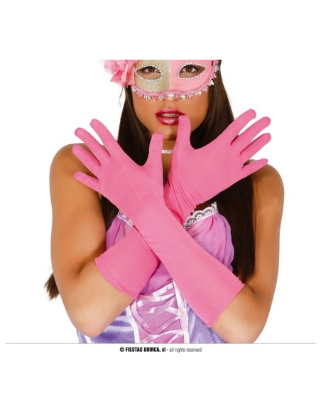 Donna con guanti rosa lunghi in cotone e maschera per festa in maschera