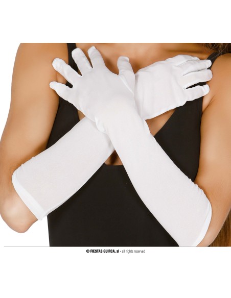 Guanti bianchi lunghi in cotone elasticizzato 50cm per costumi carnevale e teatro