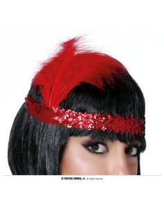 Fascia charleston rossa con paillettes brillanti e piuma per costume anni 20