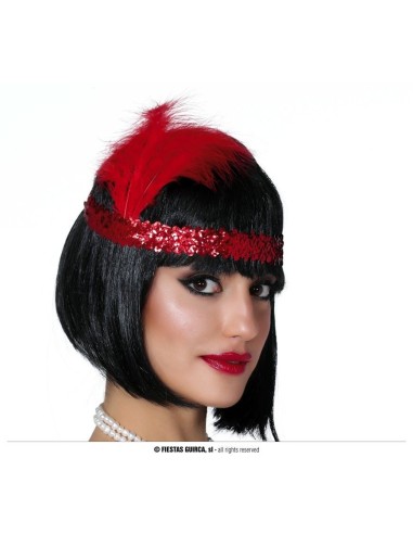 Fascia charleston rossa con paillettes brillanti e piuma per costume anni 20