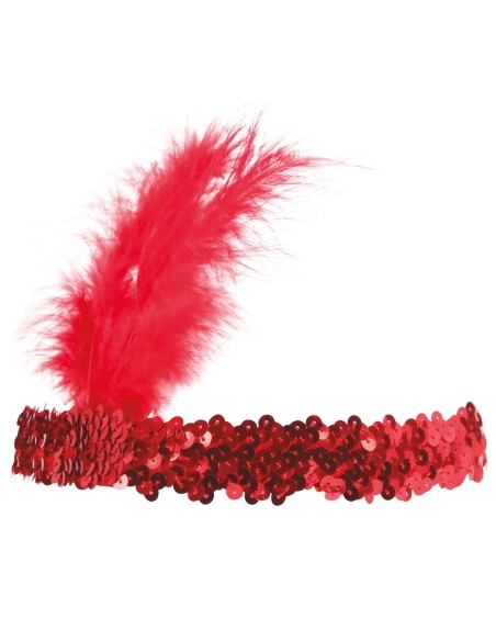 Fascia charleston rossa con paillettes brillanti e piuma per costume anni 20