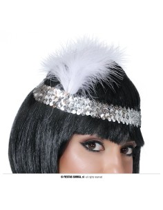 Fascia charleston argentata con paillettes e piuma bianca per costume anni 20