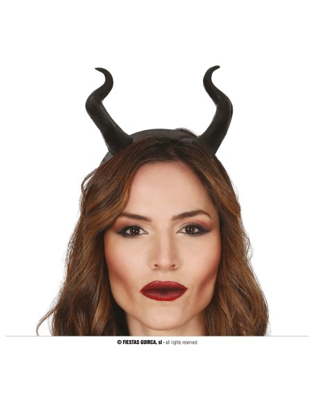 Corna da demone nere curve su fascia per costume Halloween accessorio diabolico