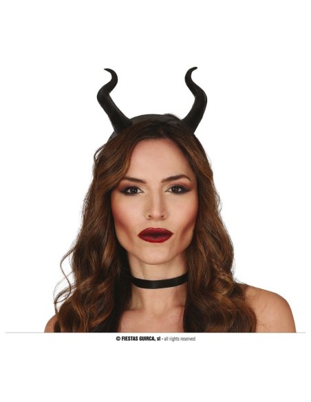 Corna da demone nere curve su fascia per costume Halloween accessorio diabolico