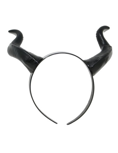 Corna da demone nere curve su fascia per costume Halloween accessorio diabolico