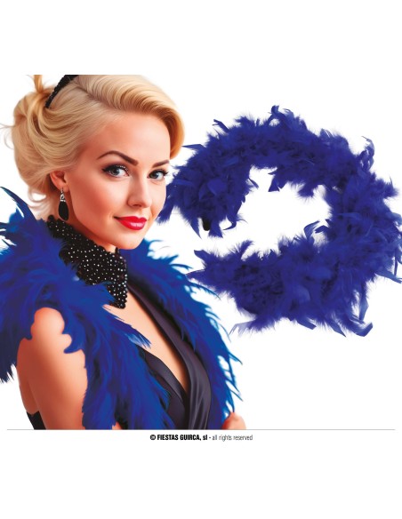 Boa di piume blu lungo 180cm indossato su abito nero per feste eleganti e spettacoli