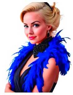 Boa di piume blu lungo 180cm indossato su abito nero per feste eleganti e spettacoli