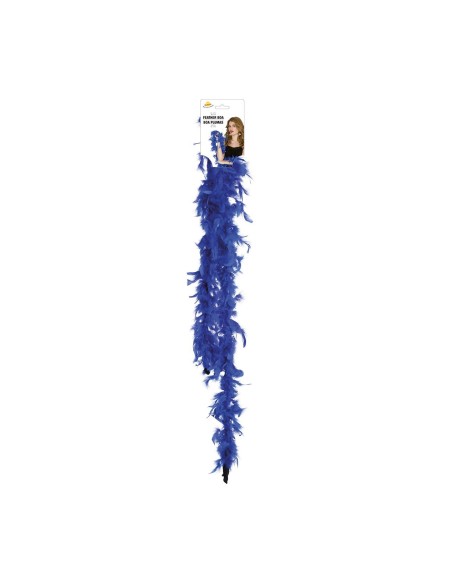 Boa di piume blu lungo 180cm indossato su abito nero per feste eleganti e spettacoli