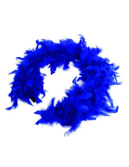 Boa di piume blu lungo 180cm indossato su abito nero per feste eleganti e spettacoli
