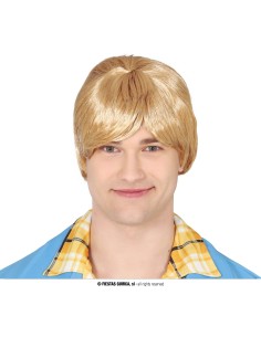 Parrucca bionda da uomo con taglio scalato e ciuffo per travestimenti e feste in maschera