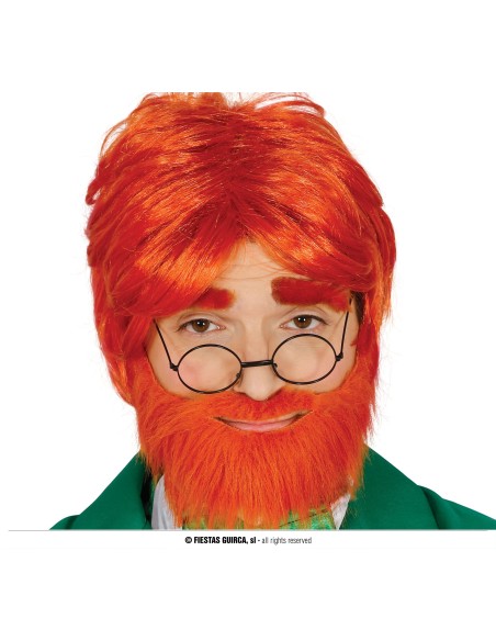 Parrucca rossa con barba abbinata e occhiali per costume irlandese maschile