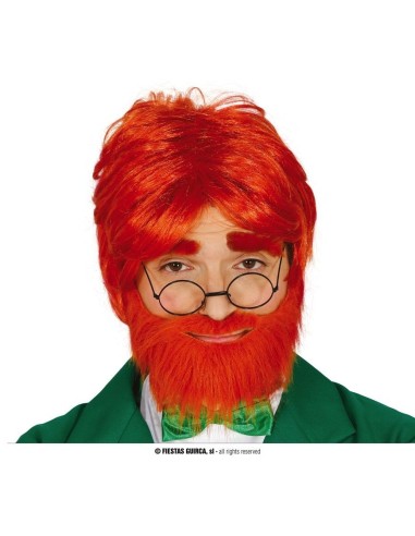 Parrucca rossa con barba abbinata e occhiali per costume irlandese maschile