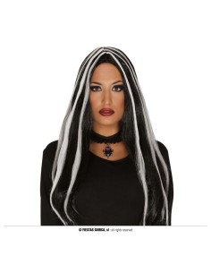 Parrucca lunga nera con ciocche bianche per costume Halloween gothic strega vampira
