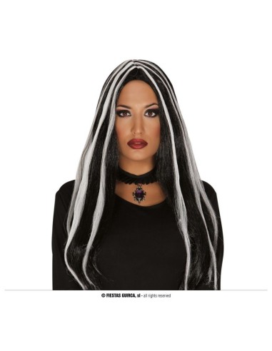 Parrucca lunga nera con ciocche bianche per costume Halloween gothic strega vampira