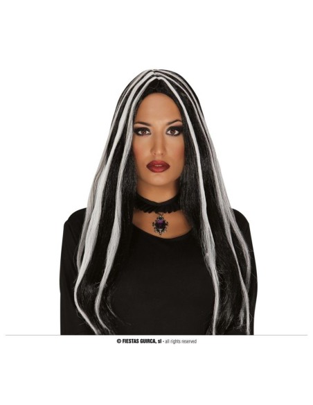 Parrucca lunga nera con ciocche bianche per costume Halloween gothic strega vampira