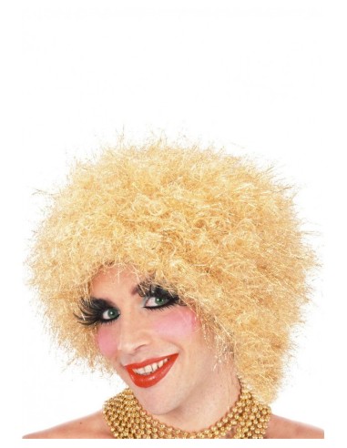 Parrucca afro oro ricci voluminosi donna con valigetta accessorio costume anni 70