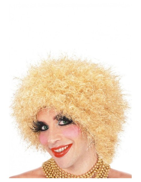Parrucca afro oro ricci voluminosi donna con valigetta accessorio costume anni 70