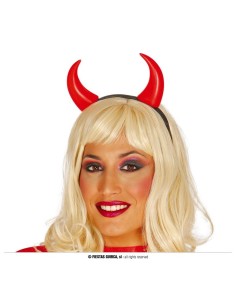 Cerchietto diavolo rosso con corna in plastica indossato da donna bionda per costume Halloween 2
