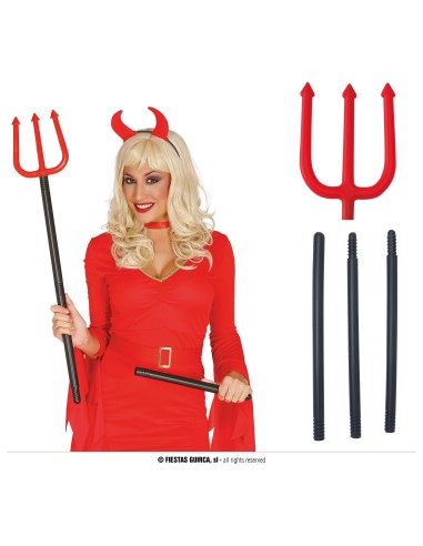Tridente rosso smontabile da 100 cm con asta nera per costume diavolo Halloween