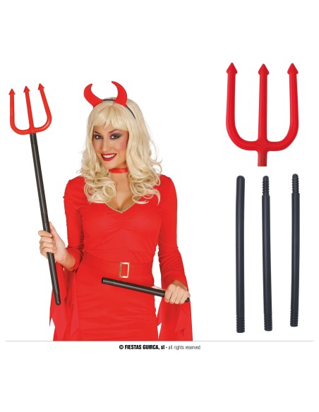 Tridente rosso smontabile da 100 cm con asta nera per costume diavolo Halloween